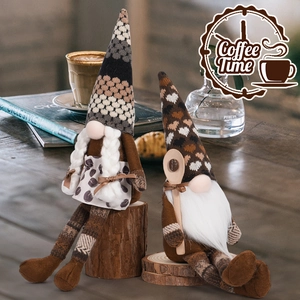 Detail of coffee gnomes set with knitted hats, coffee bean apron and wooden spoon decor