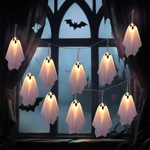 Set of 10 Halloween glowing ghost LED string lights with warm yellow light for decor