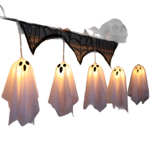 Halloween ghost string lights with 5 glowing LED spirits and black spider web wings