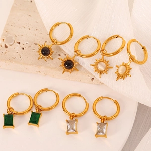 Set of 18K gold-plated cat eye stone earrings with sunburst and emerald designs