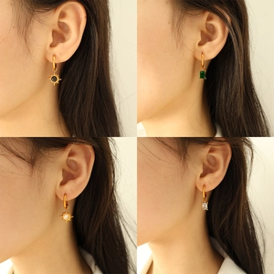 18K gold plated cat eye stone earrings with sunburst and rectangle geometric charms