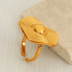Minimalist 18K gold plated straw hat pattern ring with an adjustable open band design