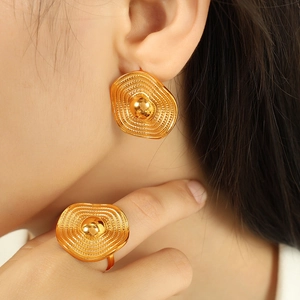 Golden 18K plated ring and stud earrings set with unique straw hat texture on model