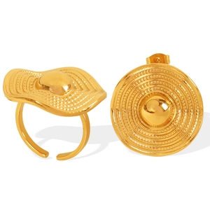 Polished 18K gold plated ring and stud earring set with sun hat texture design