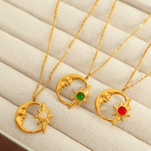 Collar con Colgante de Luna Creciente y Estrella de Acero de Titanio Vintage para Mujer Joyas Celestiales de Ojo de Gato