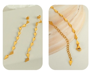 Detailed view of golden jewelry set with triangular fringe earrings and matching necklace