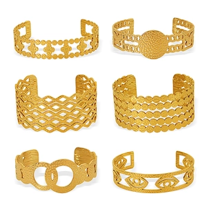 Set of 6 gold titanium steel open bangles with hollow clover and evil eye designs