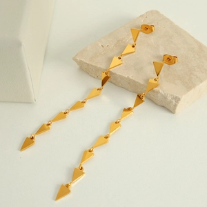 Minimalist gold wheat ear tassel earrings with geometric triangle metallic pendants