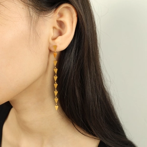Minimalist golden geometric triangle long tassel earrings set on model for daily styling