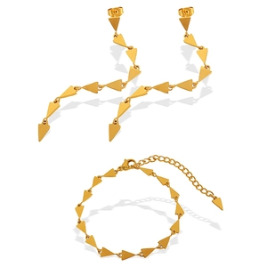 Minimalist gold geometric jewelry set featuring triangle earrings and matching bracelet