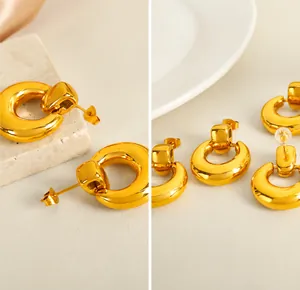 Detailed macro view of high-polished 18K gold-plated chunky hoop earrings with square clasp
