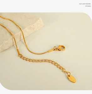 Detailed close-up of 18K gold-plated stainless steel snake chain with lobster clasp and tag