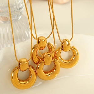 Polished 18K gold-plated chunky ring pendant necklaces on delicate snake chains set