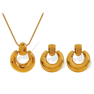 Polished 18K gold plated circle pendant necklace and earrings jewelry set for women