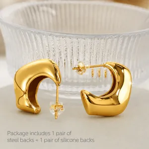 Minimalist 18K gold plated stainless steel chunky C-shaped hoop earrings for women