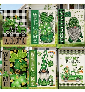 Detailed views of six St. Patrick's Day garden flags with gnomes and green truck designs