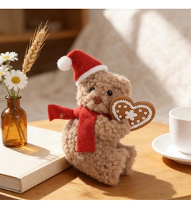 Close-up of brown plush teddy bear wearing a red Christmas hat and scarf with heart gingerbread