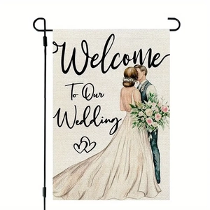 Linen wedding welcome garden flag with hand-painted couple illustration and black stand
