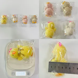 Detailed views of plush Easter chick charms showing size measurements and four color variants