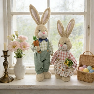 Easter Telescopic Rabbit Dolls Gingham Bunny Couple With Carrot Flower Basket For Spring Home Desktop Window Decoration