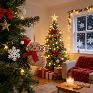 Plush Christmas teddy bear with red hat and heart gingerbread in front of a tree