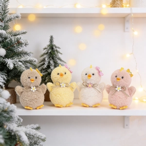 Cute plush Easter chick pendants in four soft colors with daisy bows on a festive shelf