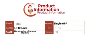 Detailed product specifications for LED Christmas brooch showing 11x10cm dimensions