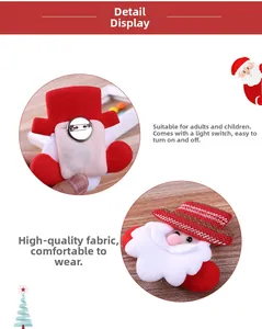 Detail of Santa Claus LED brooch featuring fabric texture and functional light switch button