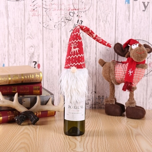 Christmas gnome wine bottle cover with red elk knit hat and long white beard decor