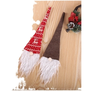 Christmas gnome wine bottle covers with red reindeer knit and brown herringbone tall hats