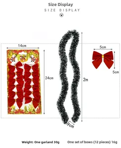 Detailed dimensions of 2m green Christmas tinsel and 12-piece red velvet bow set