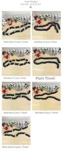Detail view of dark green tinsel garland with white edges and festive colorful bows