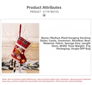Detail view of a plaid Christmas stocking with bear doll showing 34x18cm dimensions