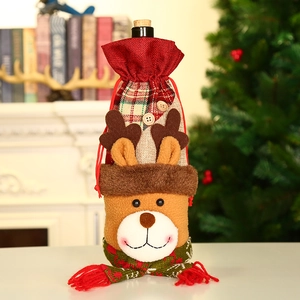 Christmas reindeer wine bottle cover with red linen drawstring and festive scarf