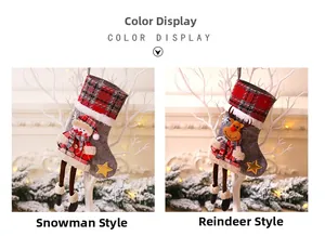 Detailed view of Christmas socks with snowman and reindeer dolls in gray felt and plaid