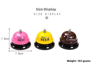 Call bells in pink, yellow and brown with social quotes and size markings