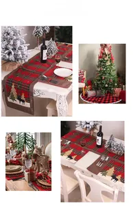 Close-up of Christmas table runner with red tartan plaid and reindeer embroidery