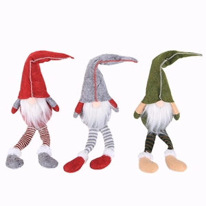 Three Christmas gnome plush ornaments with long striped legs for Nordic holiday decor