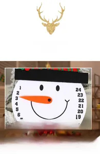 Detail van vilten kerst adventskalender als sneeuwpop met genummerde datums en wortelneus