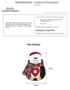 Detail of penguin Christmas cutlery holder with size specifications and soft plush fabric