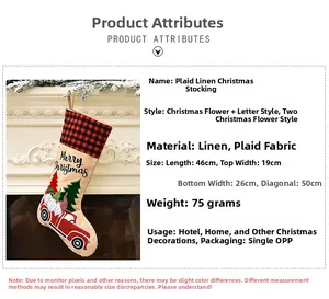 Linen Christmas stocking with plaid truck pattern and Merry Christmas text detail