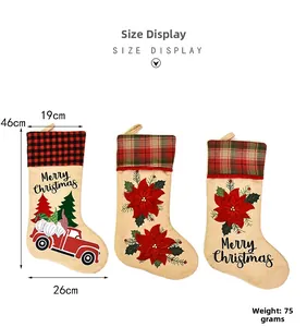 Detailed size display of three Christmas stockings with gnome and truck patterns