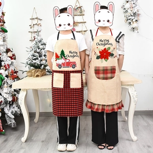 Cartoon Christmas Apron Adults Cotton Linen Blend Red Truck Poinsettia Pattern Holiday Kitchen Decoration Bib Apron