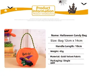 Detail view of orange velvet Halloween candy bag with green witch applique and Boo text