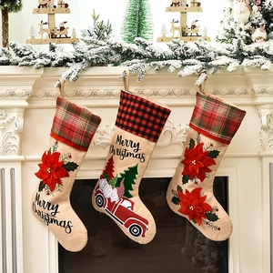 Burlap Christmas Stockings Personalized Gnome Red Truck Poinsettia Applique Merry Christmas Fireplace Tree Hanging Decor