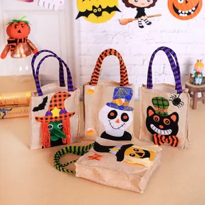 Halloween Burlap Tote Bag Burlap Non-Woven Fabric Candy Gift Bag Pumpkin Skeleton Witch Black Cat Party Prop For Kids