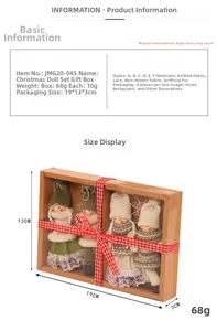 Detail view of 4 gnome tree ornaments with dimensions and specifications listed