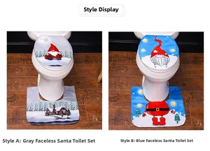 Close-up of festive Christmas toilet seat cover and rug set with cartoon Santa patterns