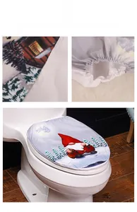 Detail of Christmas gnome toilet seat cover showing non-slip backing and elastic edge