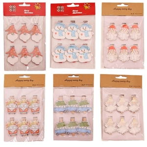 Set of 6 Christmas wooden clips with gnome snowman and Santa Claus cartoon designs